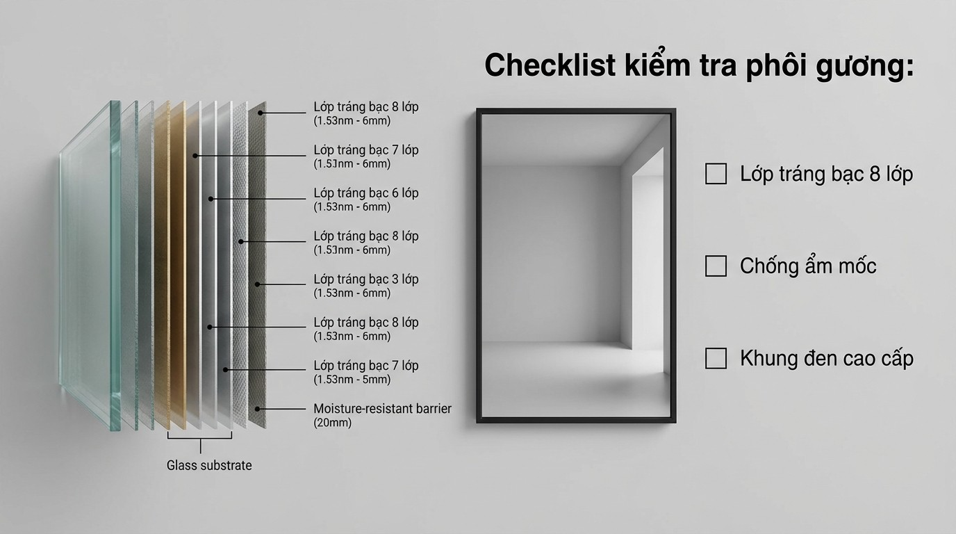 Hướng Dẫn Chọn Mua Và Báo Giá Gương Màu Đen 2 Checklist kiểm tra phôi gương, lớp tráng bạc 8 lớp và chống ẩm mốc cho gương màu đen