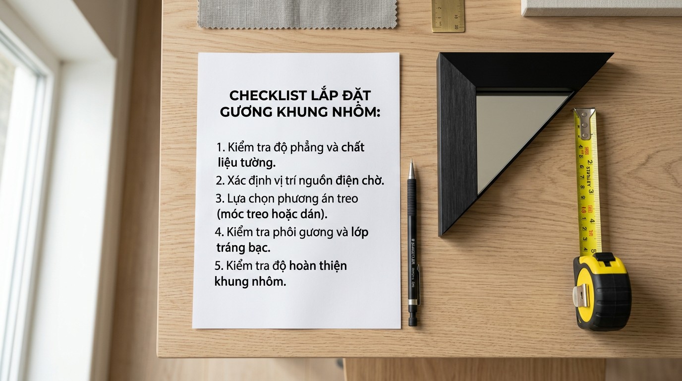 Checklist kiểm tra tường, vị trí điện và phương án treo khi lắp đặt gương khung nhôm tại nhà