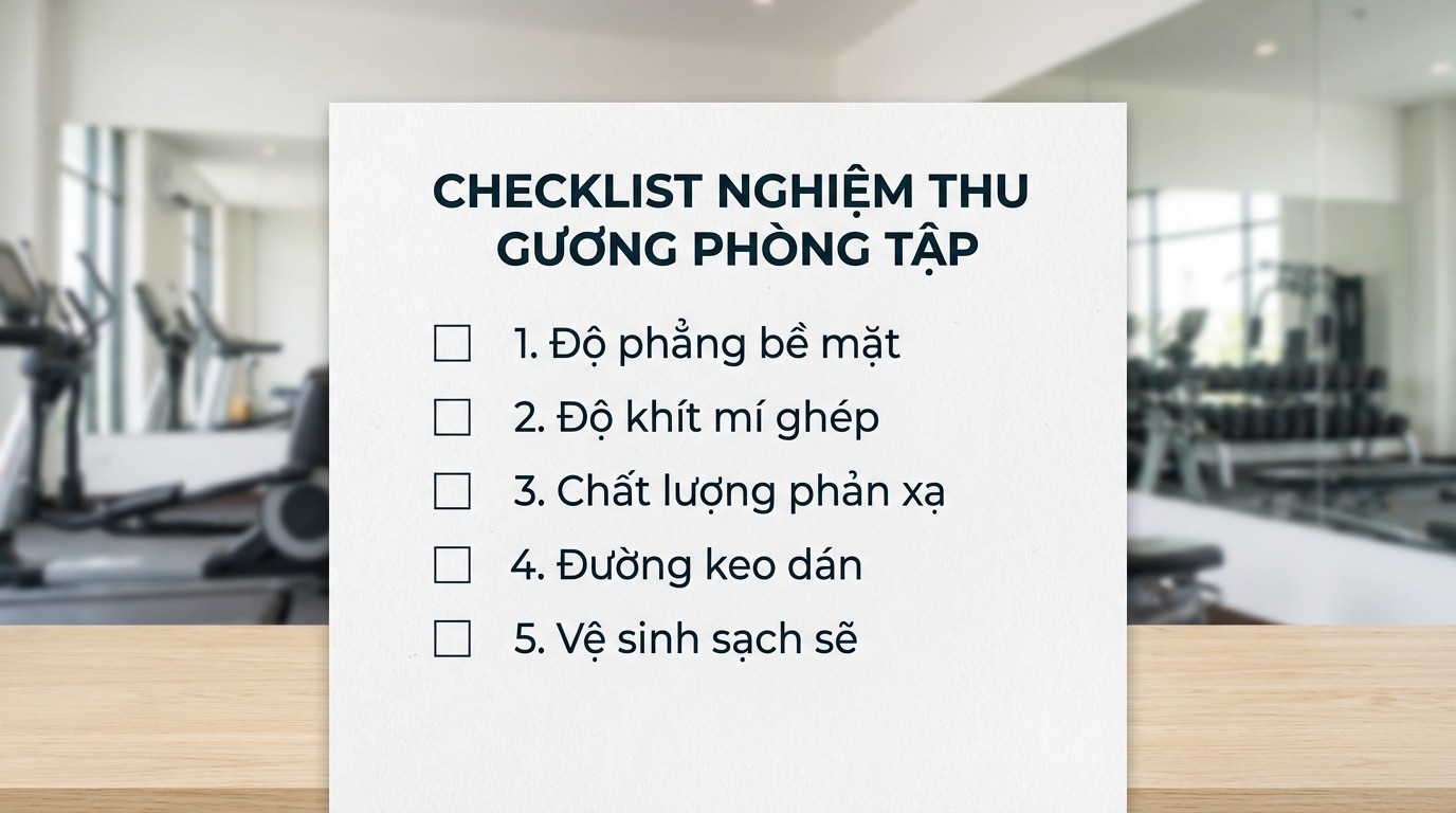 Checklist nghiệm thu gương phòng tập độ phẳng, mí ghép, phản xạ, keo và vệ sinh