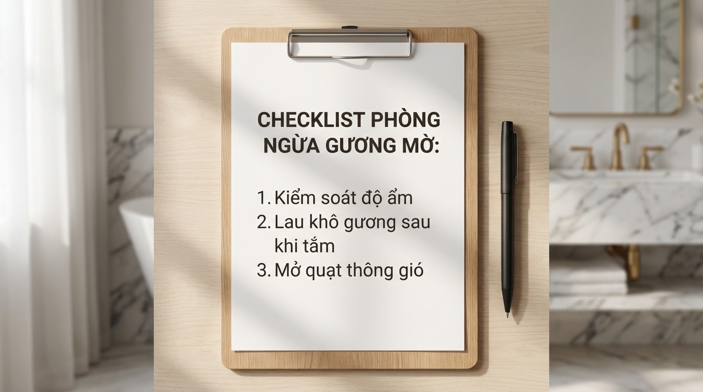 Checklist phòng ngừa gương bị mờ đục bằng kiểm soát độ ẩm và lau khô sau tắm