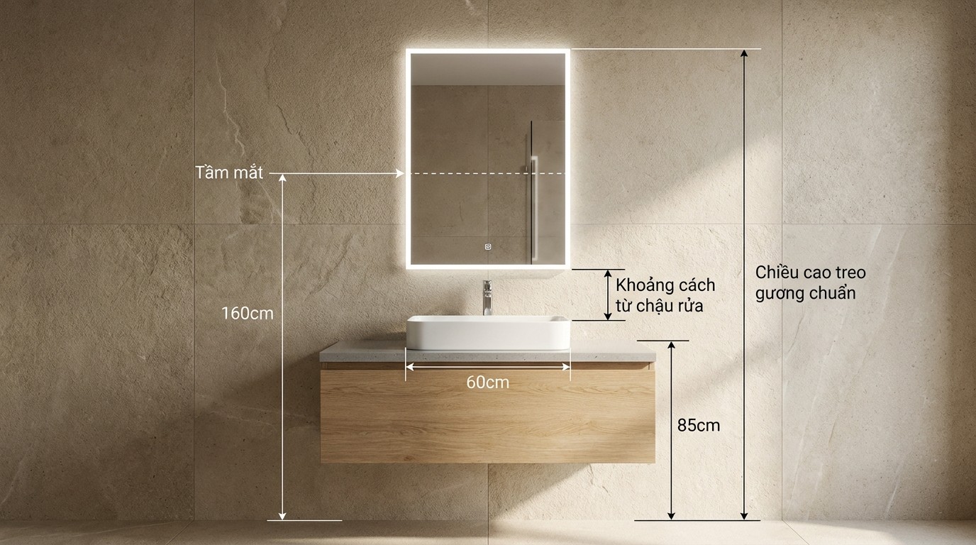 chiều cao treo gương theo tầm mắt và khoảng cách từ chậu rửa đến mép gương