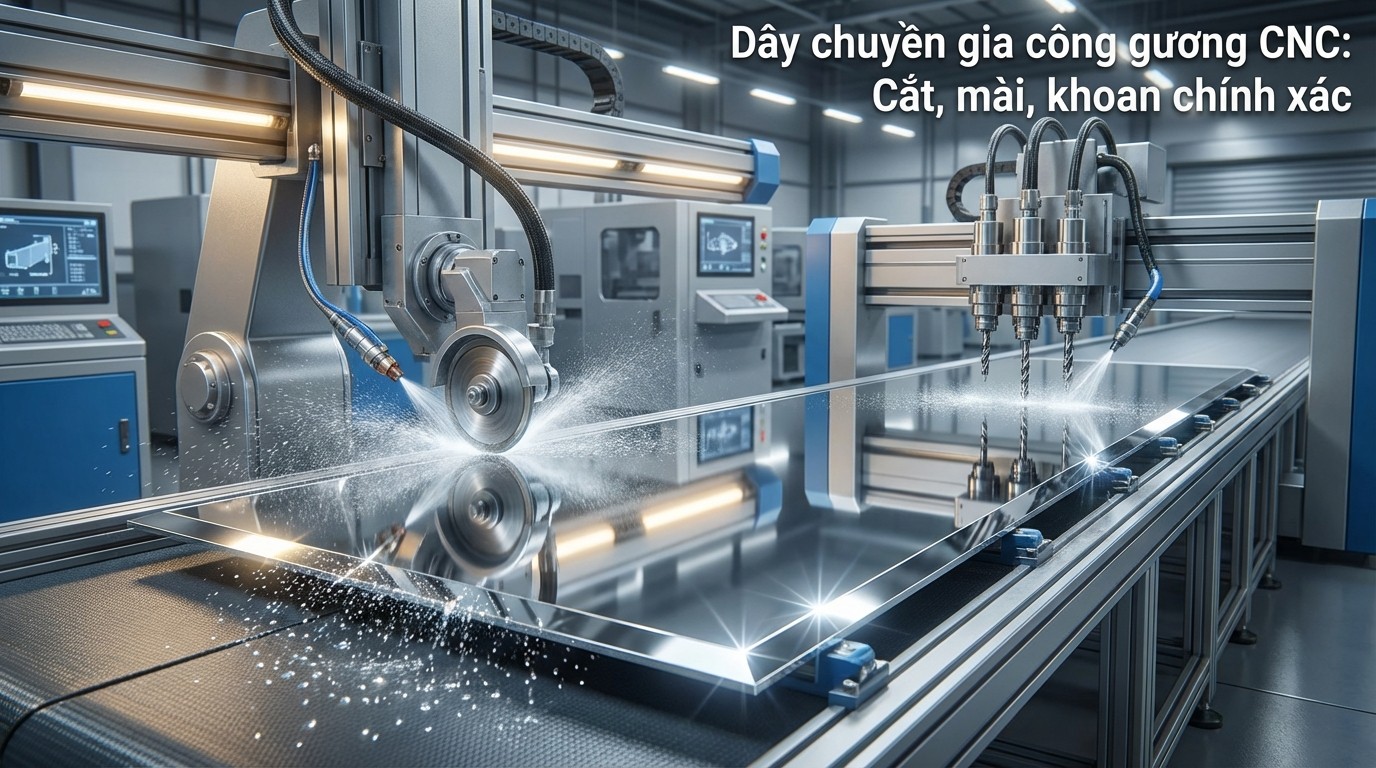 Xưởng Sản Xuất Gương Soi: Năng Lực Gia Công Và Lắp Ráp Toàn Diện 1 Dây chuyền gia công gương soi CNC gồm cắt, mài cạnh và khoan lỗ theo bản vẽ