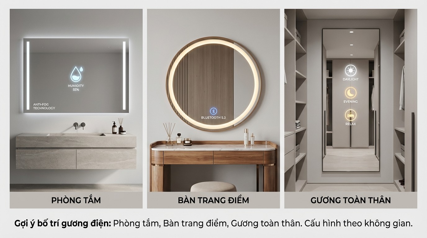 Gợi ý bố trí gương điện cảm ứng cho phòng tắm, bàn trang điểm và gương toàn thân