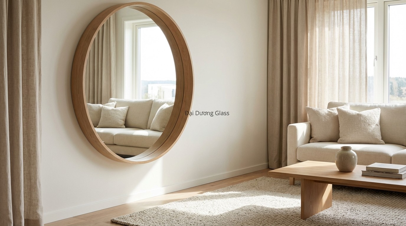 Hướng Dẫn Chọn Và Bố Trí Gương Treo Phòng Khách Khung Gỗ 2 Gương tròn khung gỗ sồi của Đại Dương Glass phối cùng sofa nỉ và bàn trà nhỏ trong phòng khách tối giản
