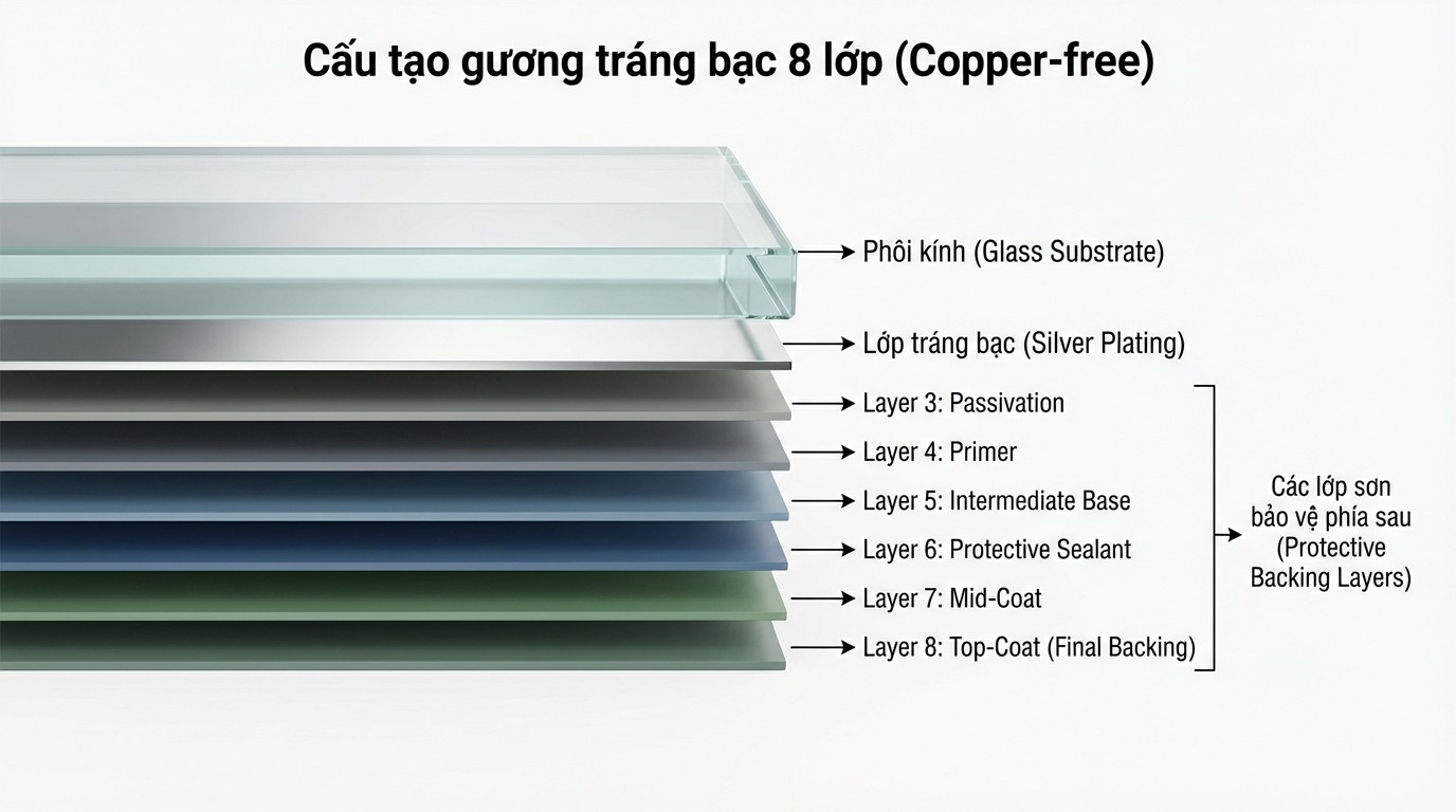 Infographic cấu tạo phôi gương tráng bạc 8 lớp dạng copper free và các lớp sơn bảo vệ phía sau