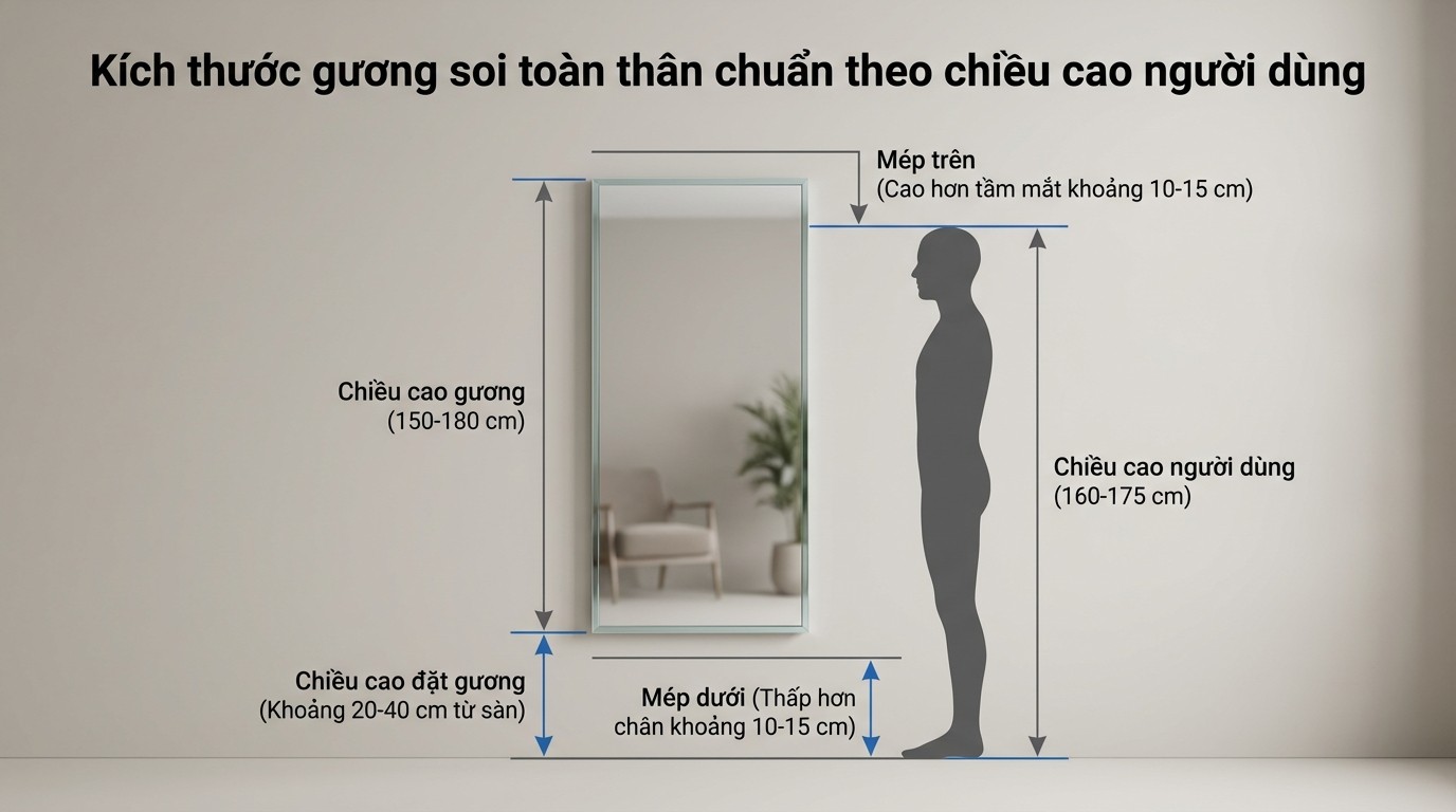kích thước gương soi toàn thân chuẩn theo chiều cao người dùng và vị trí lắp đặt
