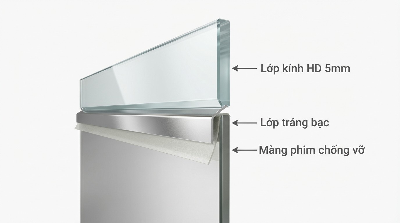 Gương Di Động Toàn Thân Tiêu Chuẩn Phổ Biến 1 Mặt cắt phôi gương HD dày 5mm với các lớp tráng bạc và màng phim chống vỡ vụn