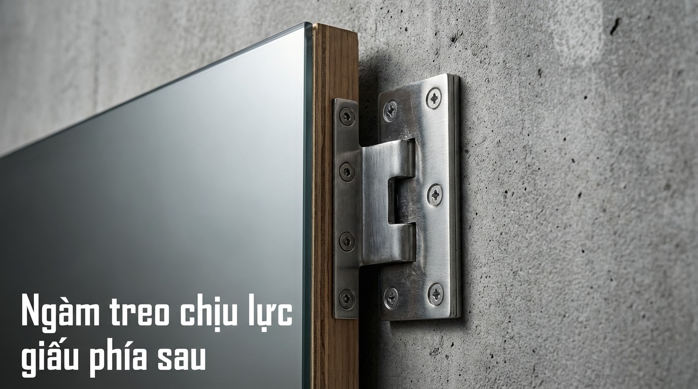 Hướng Dẫn Chọn Và Bố Trí Gương Treo Phòng Khách Khung Gỗ 4 ngàm treo chịu lực giấu phía sau gương treo tường, có điểm bắt vít và khoảng cách tạo khe thoáng