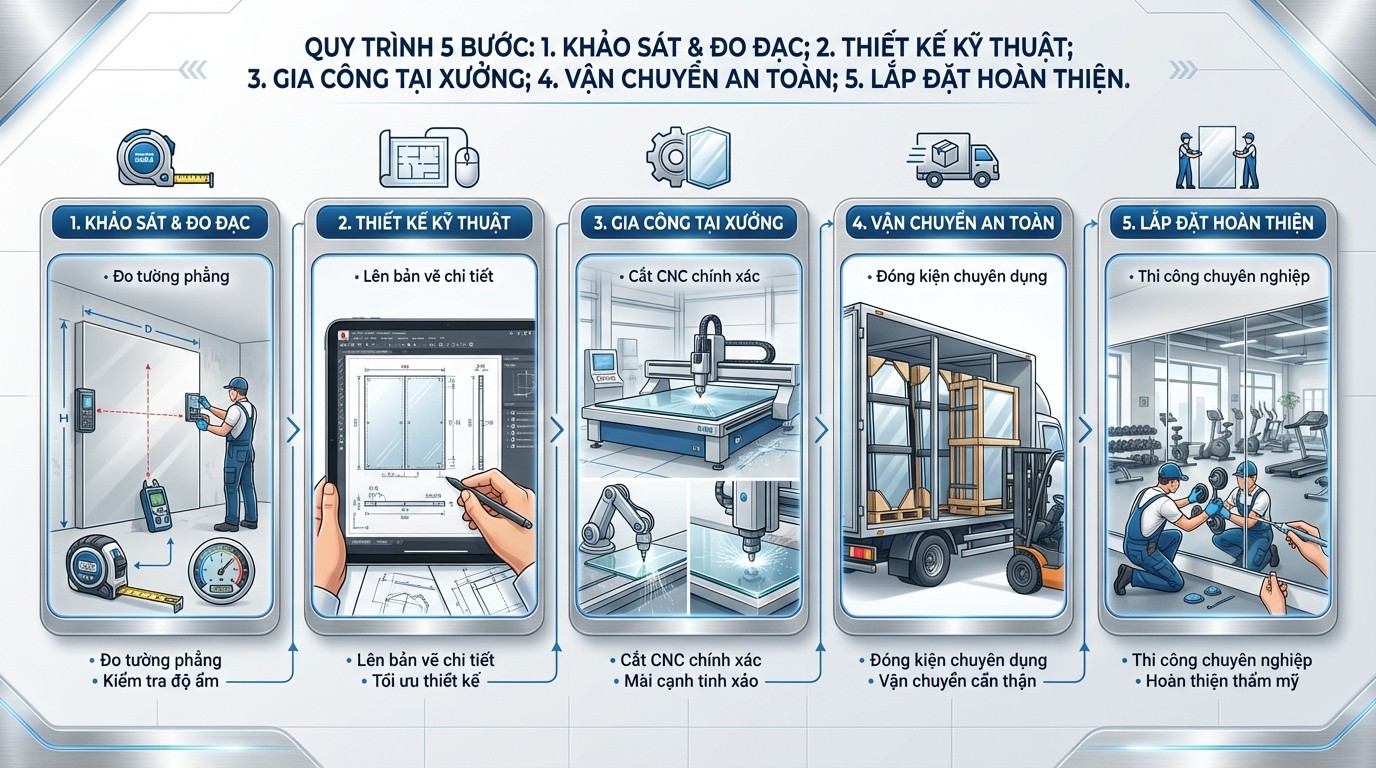 Quy trình 5 bước khảo sát, sản xuất và lắp đặt gương khổ lớn cho phòng tập