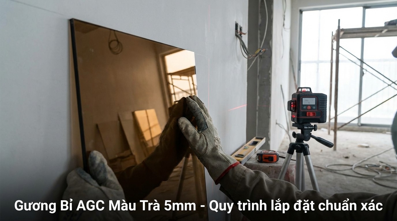 Quy trình cắt ghép, mài cạnh CNC và lắp đặt gương bỉ màu trà tại công trình