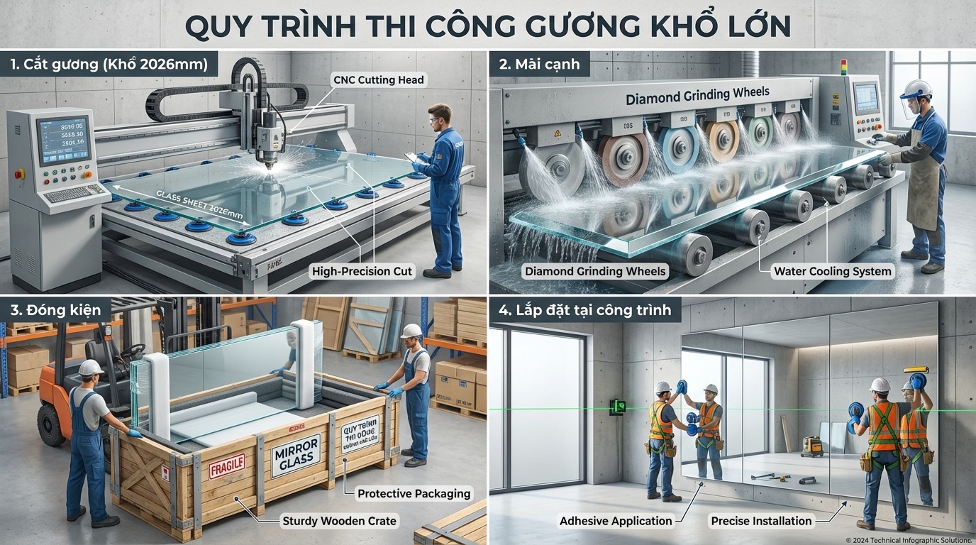 Quy trình cắt, mài cạnh, đóng kiện và lắp đặt gương dán tường khổ lớn tại công trình