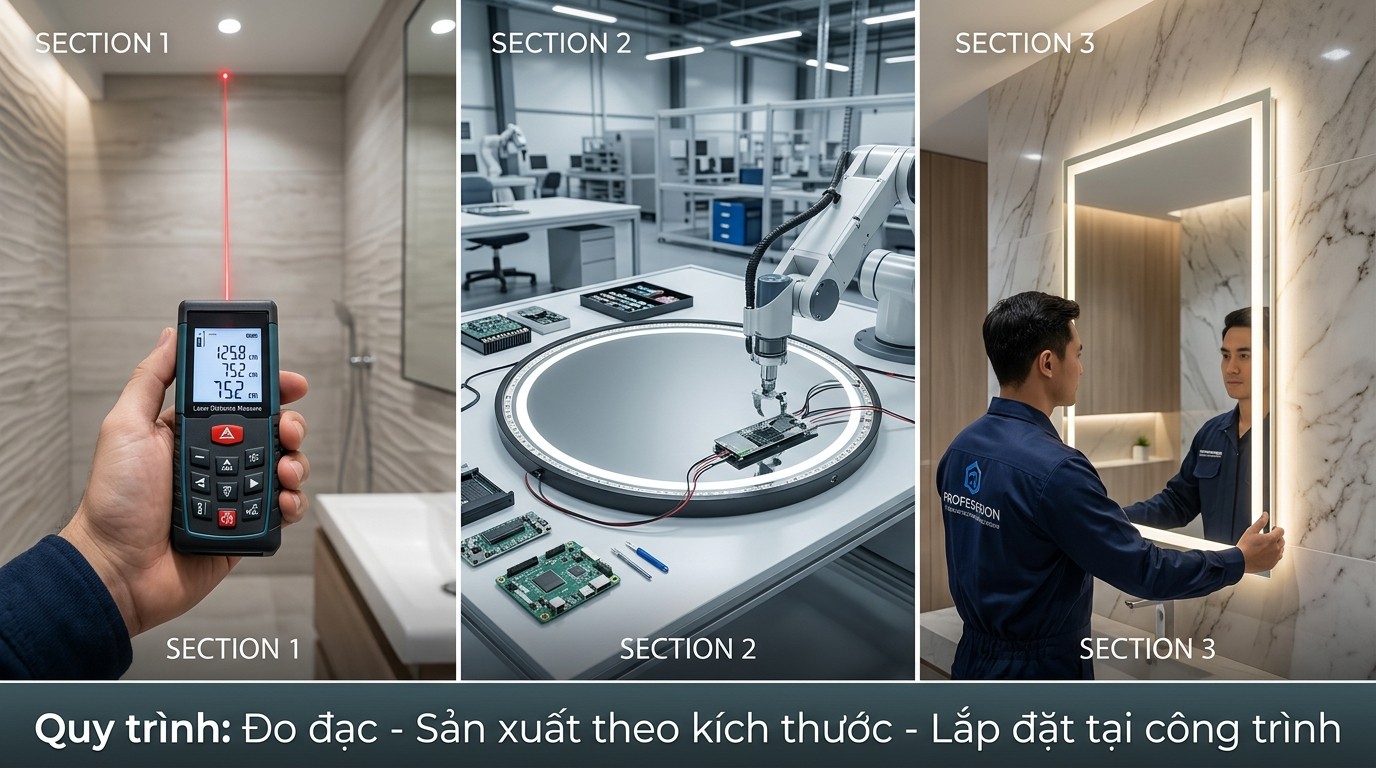 Gương Điện Nhà Tắm Thông Minh 3 Quy trình đo đạc, sản xuất theo kích thước và lắp đặt gương điện tại công trình