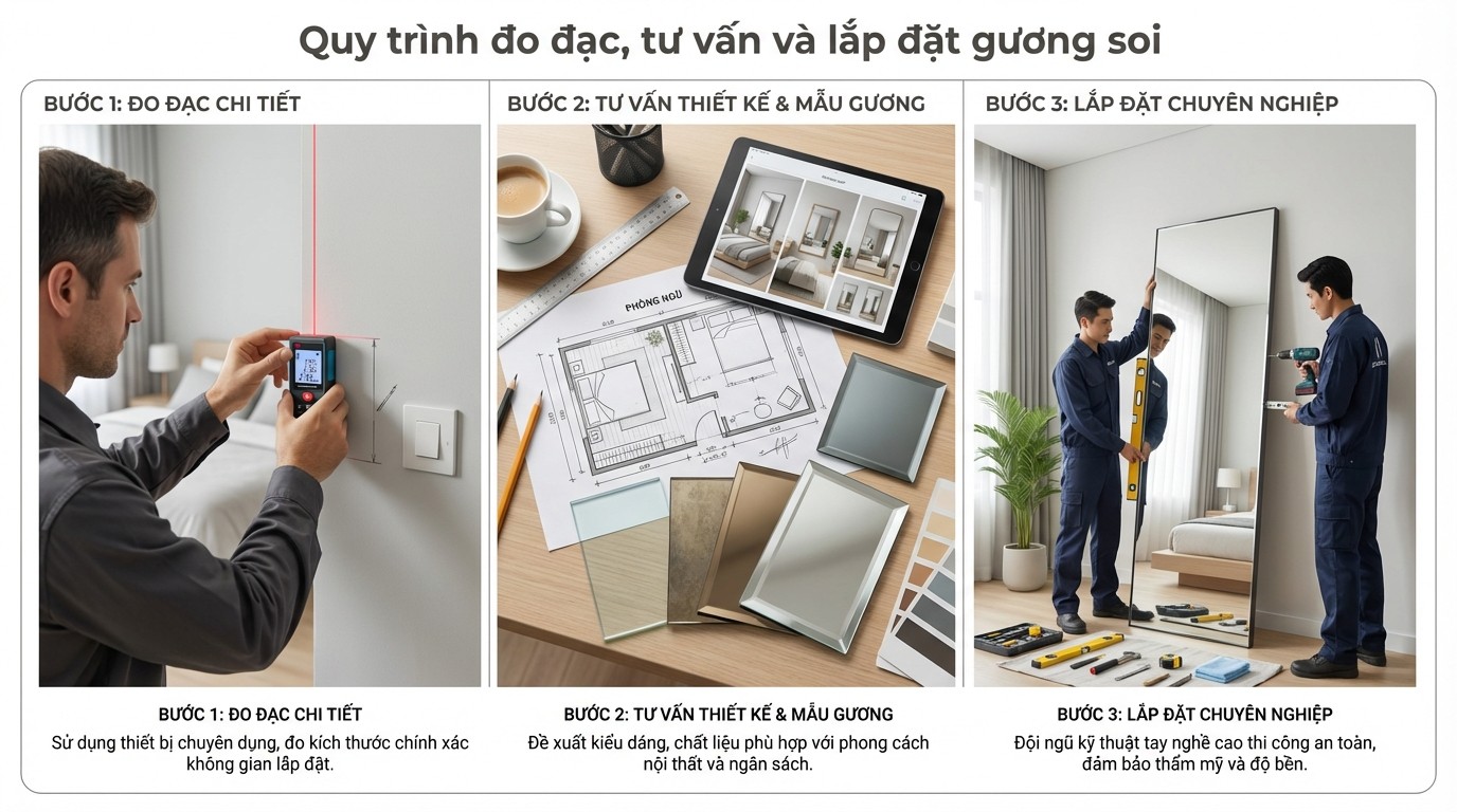 Hướng Dẫn Chi Tiết Cách Để Gương Trong Phòng Ngủ 4 Quy trình đo đạc, tư vấn và lắp đặt gương soi theo kích thước phòng ngủ