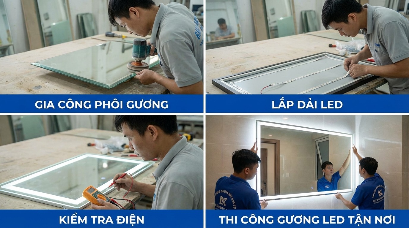 Giải Pháp Thi Công Đèn Led Trang Trí Gương 4 Quy trình gia công phôi gương, lắp dải LED, kiểm tra điện và thi công gương led tận nơi