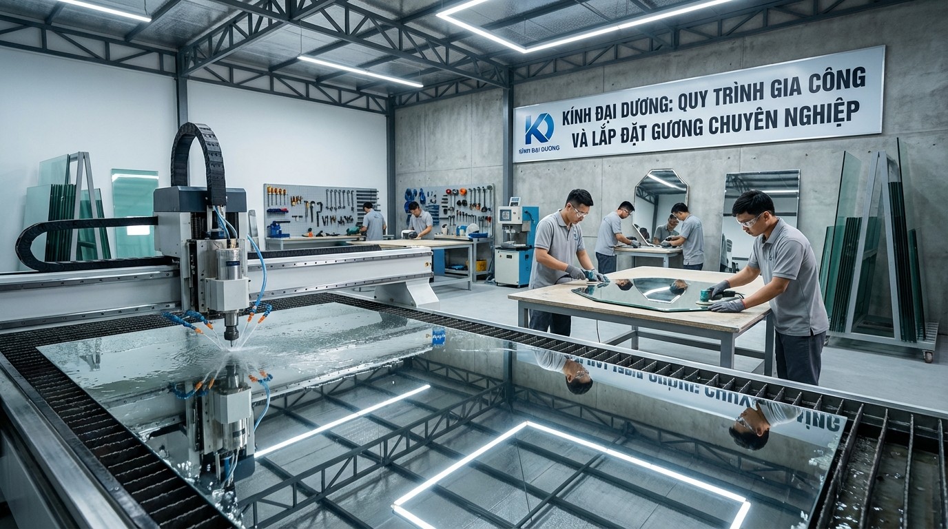Quy trình gia công và lắp đặt gương soi tại xưởng Kính Đại Dương từ cắt CNC đến hoàn thiện cạnh