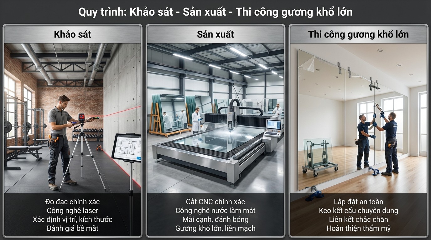 Quy trình khảo sát, sản xuất tại xưởng và thi công gương khổ lớn dán tường tại công trình