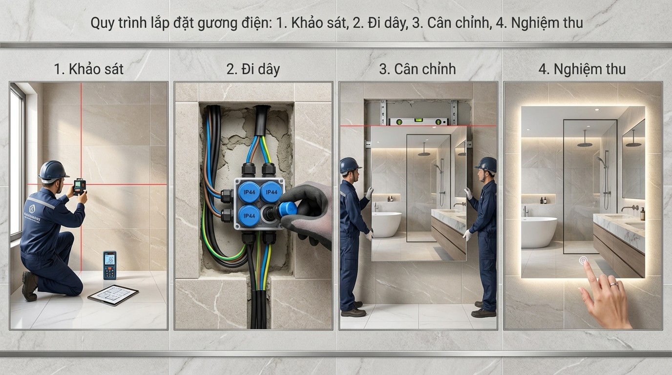 Quy trình lắp đặt gương điện cảm ứng tại nhà ở TP.HCM gồm khảo sát, đi dây, cân chỉnh và nghiệm thu