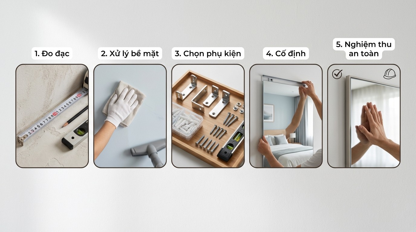 Hướng Dẫn Chọn Gương Treo Tường Phòng Ngủ 4 Quy trình lắp đặt gương treo tường đo đạc, xử lý bề mặt tường, chọn phụ kiện, cố định và nghiệm thu an toàn
