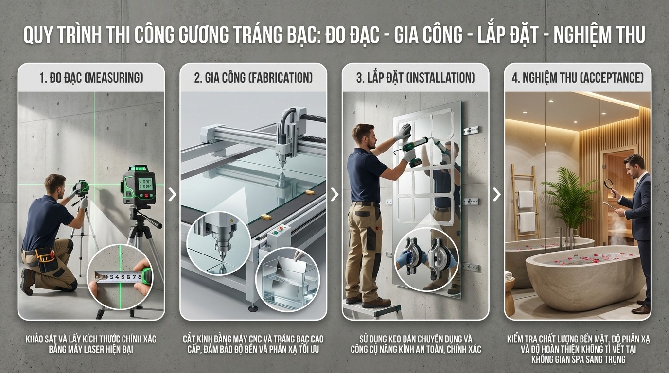 Quy trình thi công lắp đặt gương tráng bạc từ đo đạc đến nghiệm thu bề mặt