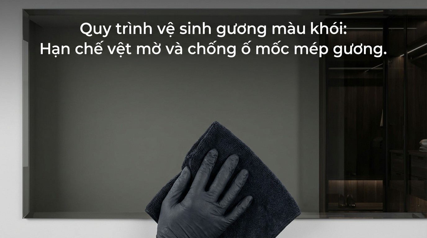 Quy trình vệ sinh gương màu khói để hạn chế vệt và chống ố mốc ở mép gương