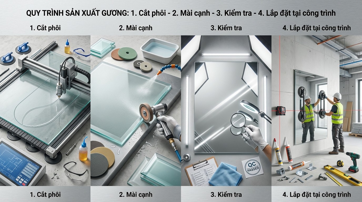 Giá Gương Soi Khổ Lớn 5 quy trình xưởng sản xuất gương soi trực tiếp từ cắt phôi đến lắp đặt tại công trình