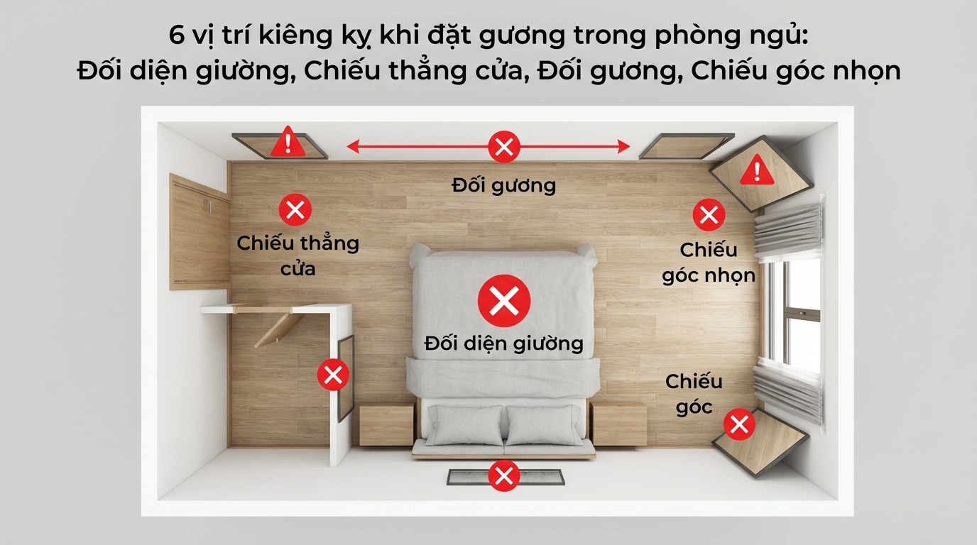 Sơ đồ 6 vị trí kiêng kỵ khi đặt gương trong phòng ngủ đối diện giường, chiếu cửa, đối gương, chiếu góc nhọn