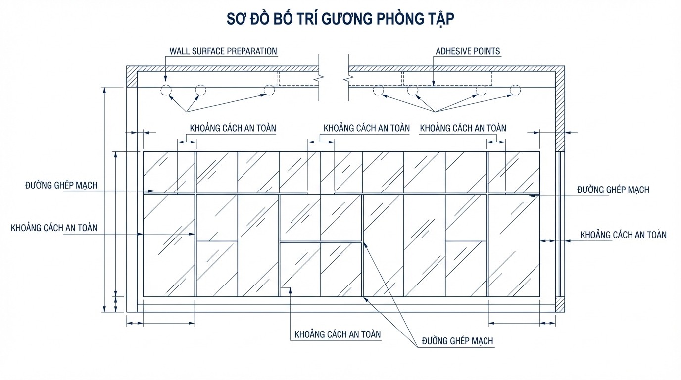 Lắp Gương Phòng Tập Tiêu Chuẩn Tận Xưởng 1 Sơ đồ bố trí gương dán tường trong phòng tập với khoảng cách an toàn và đường ghép mạch