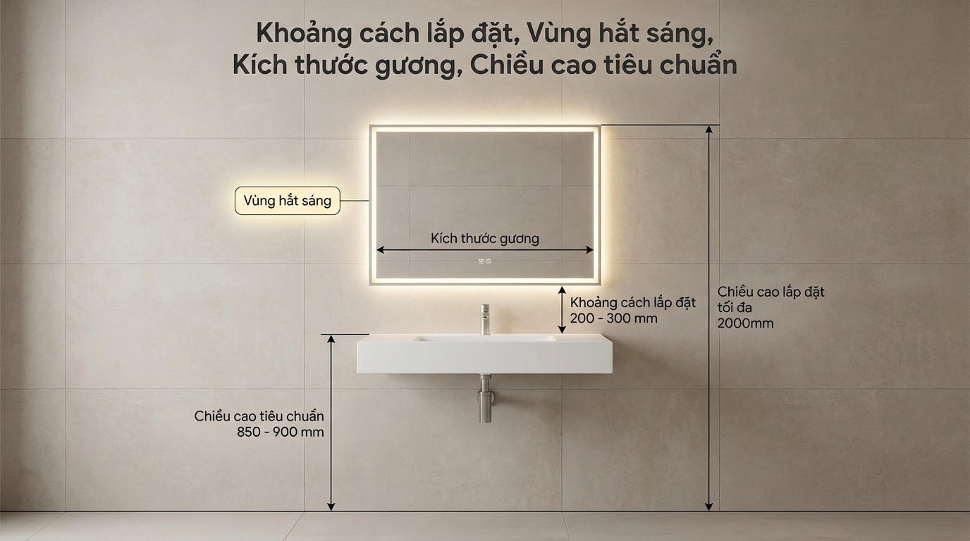 Sơ đồ bố trí gương nhà tắm, khoảng cách lavabo và vùng hắt sáng đèn LED