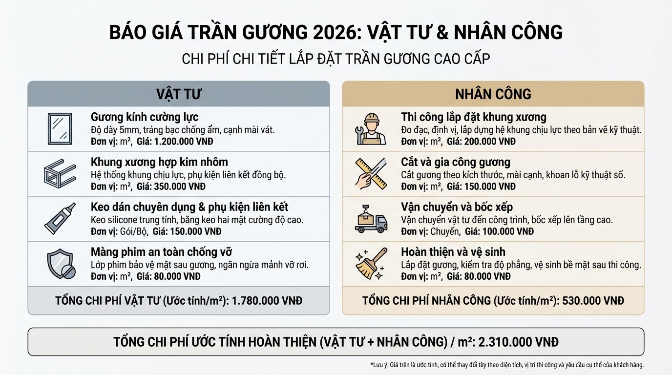 Trần Gương Phòng Khách: Tiêu Chuẩn Vật Liệu Và Báo Giá 3 Sơ đồ bóc tách chi phí vật tư và nhân công khi thi công trần gương trọn gói