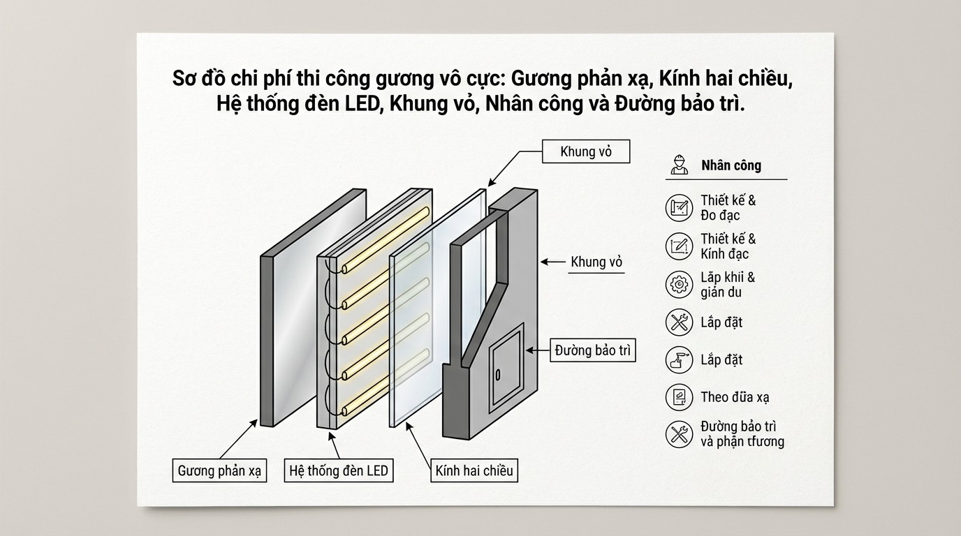 Gương Vô Cực Là Gì? Nguyên Lý, Tiêu Chuẩn Chất Lượng Và Ứng Dụng Không Gian 4 Sơ đồ các hạng mục tạo chi phí khi thi công gương vô cực theo yêu cầu