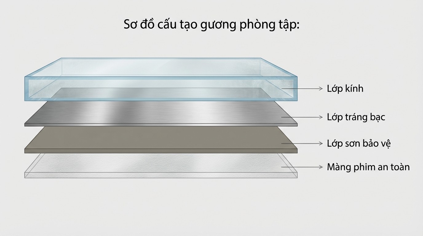 Sơ đồ các lớp cấu tạo gương và vị trí dán màng phim an toàn cho gương phòng tập