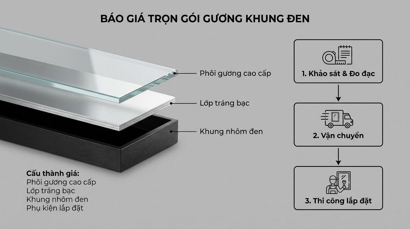 Hướng Dẫn Chọn Mua Và Báo Giá Gương Màu Đen 4 Sơ đồ các yếu tố cấu thành giá gương màu đen và các bước đo đạc lắp đặt trọn gói