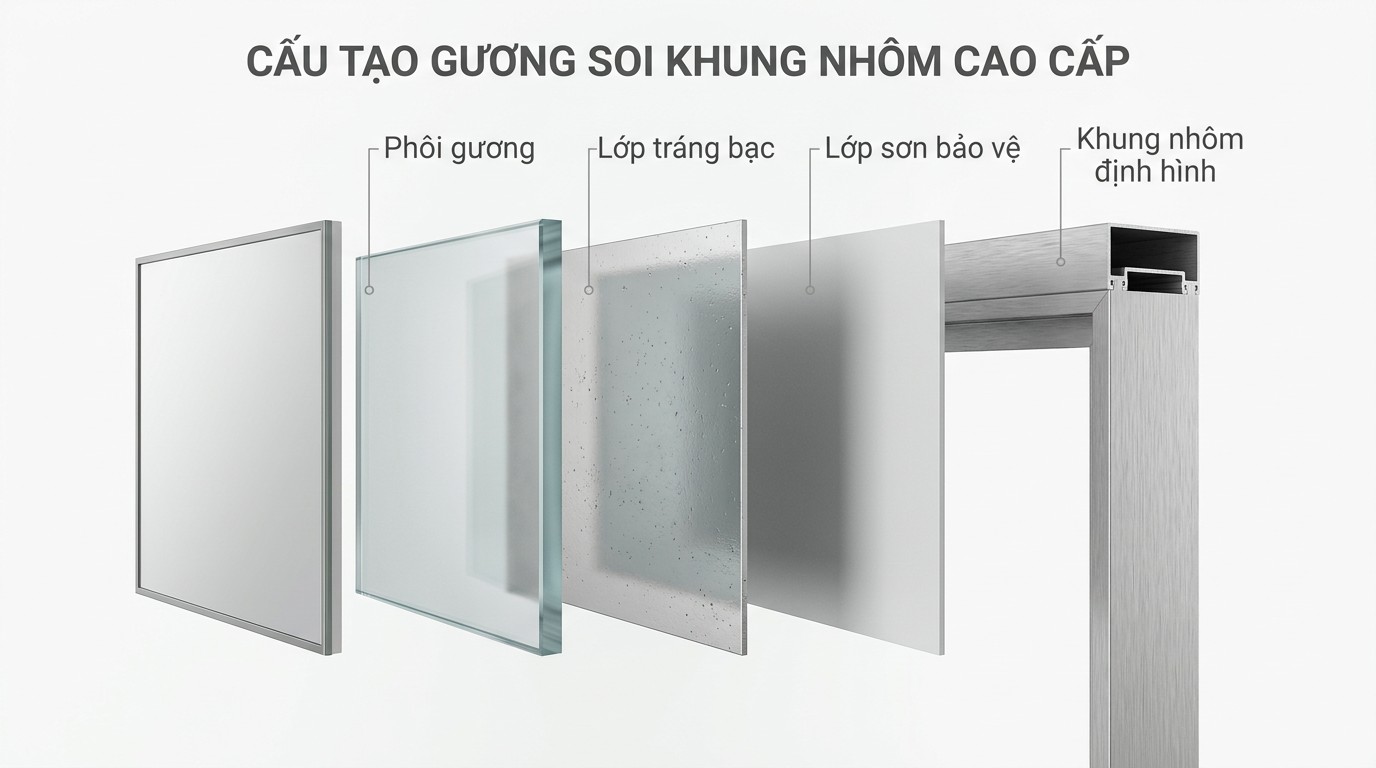 Sơ đồ cấu tạo gương khung nhôm gồm phôi gương, lớp tráng bạc, lớp sơn bảo vệ và khung nhôm định hình