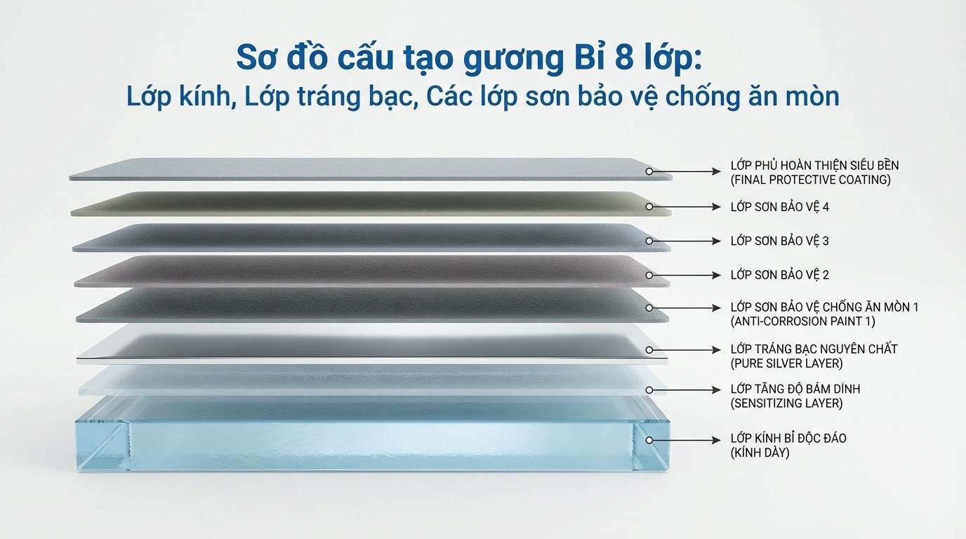 Sơ đồ cấu tạo lớp tráng bạc 8 lớp và các lớp sơn bảo vệ phía sau gương