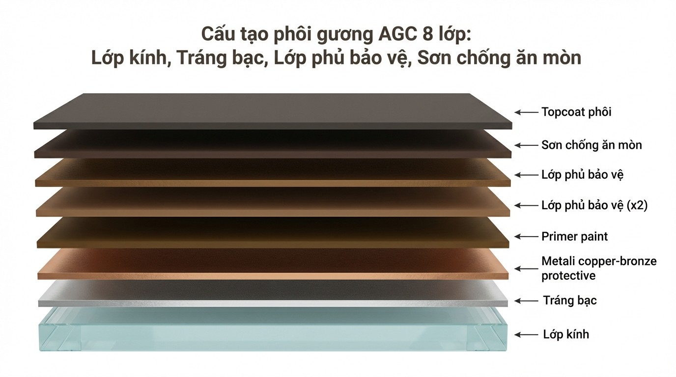 Sơ đồ cấu tạo tráng bạc 8 lớp của phôi gương và các lớp sơn bảo vệ