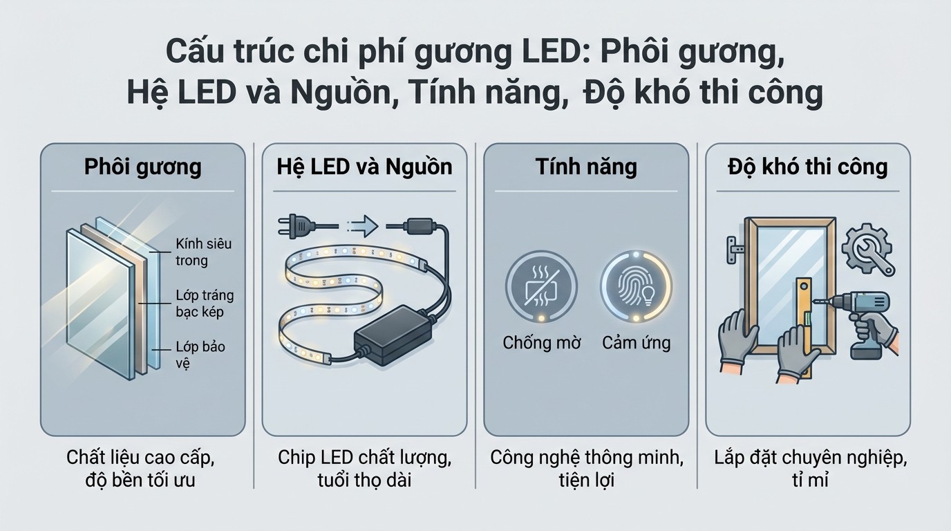 Sơ đồ cấu trúc chi phí của gương có đèn led gồm phôi gương, LED, tính năng và thi công