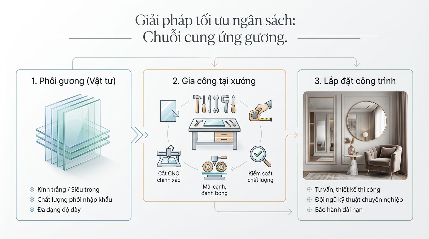 Sơ đồ chuỗi cung ứng gương từ phôi đến gia công tại xưởng và lắp đặt công trình