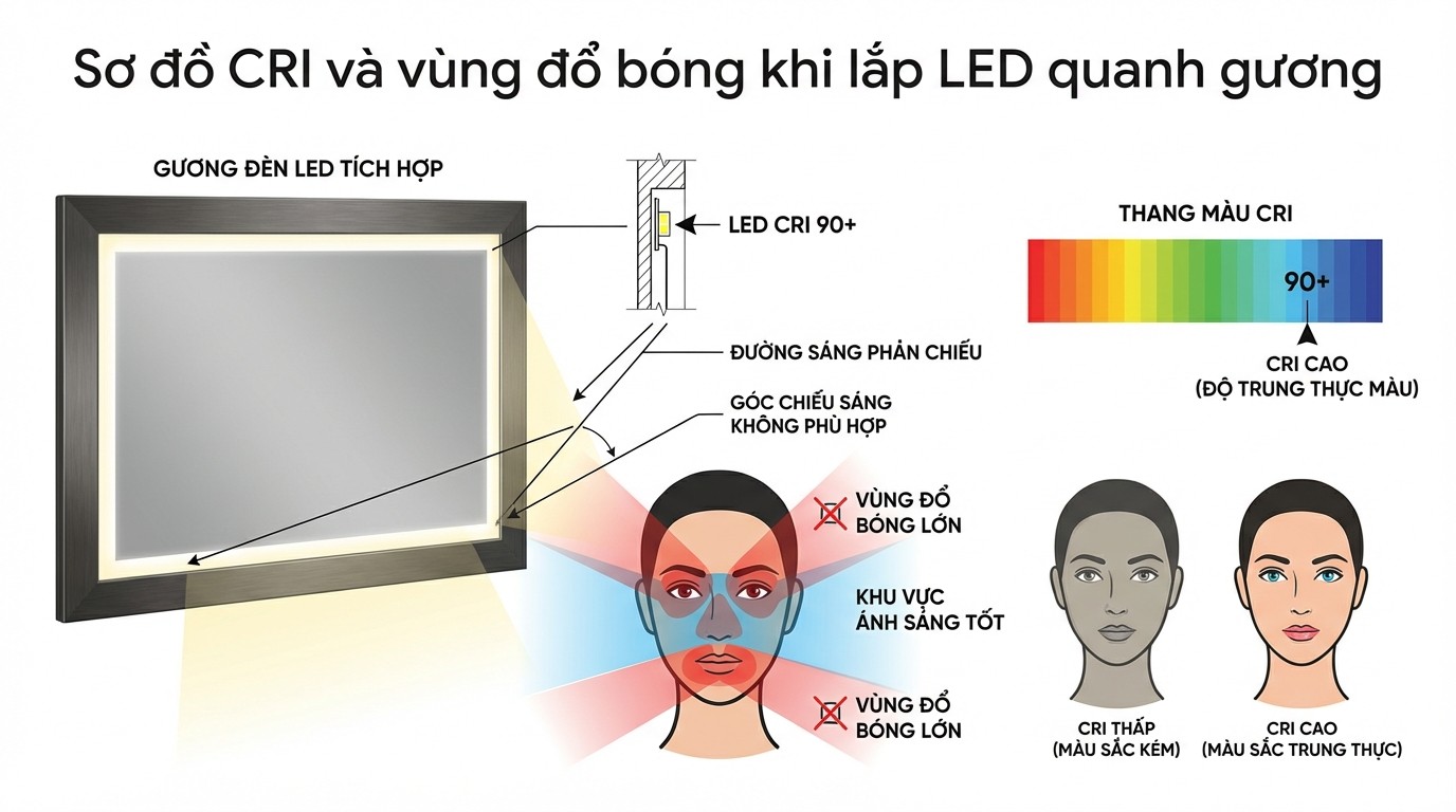 Sơ đồ CRI và vùng đổ bóng khi lắp LED quanh gương bàn trang điểm
