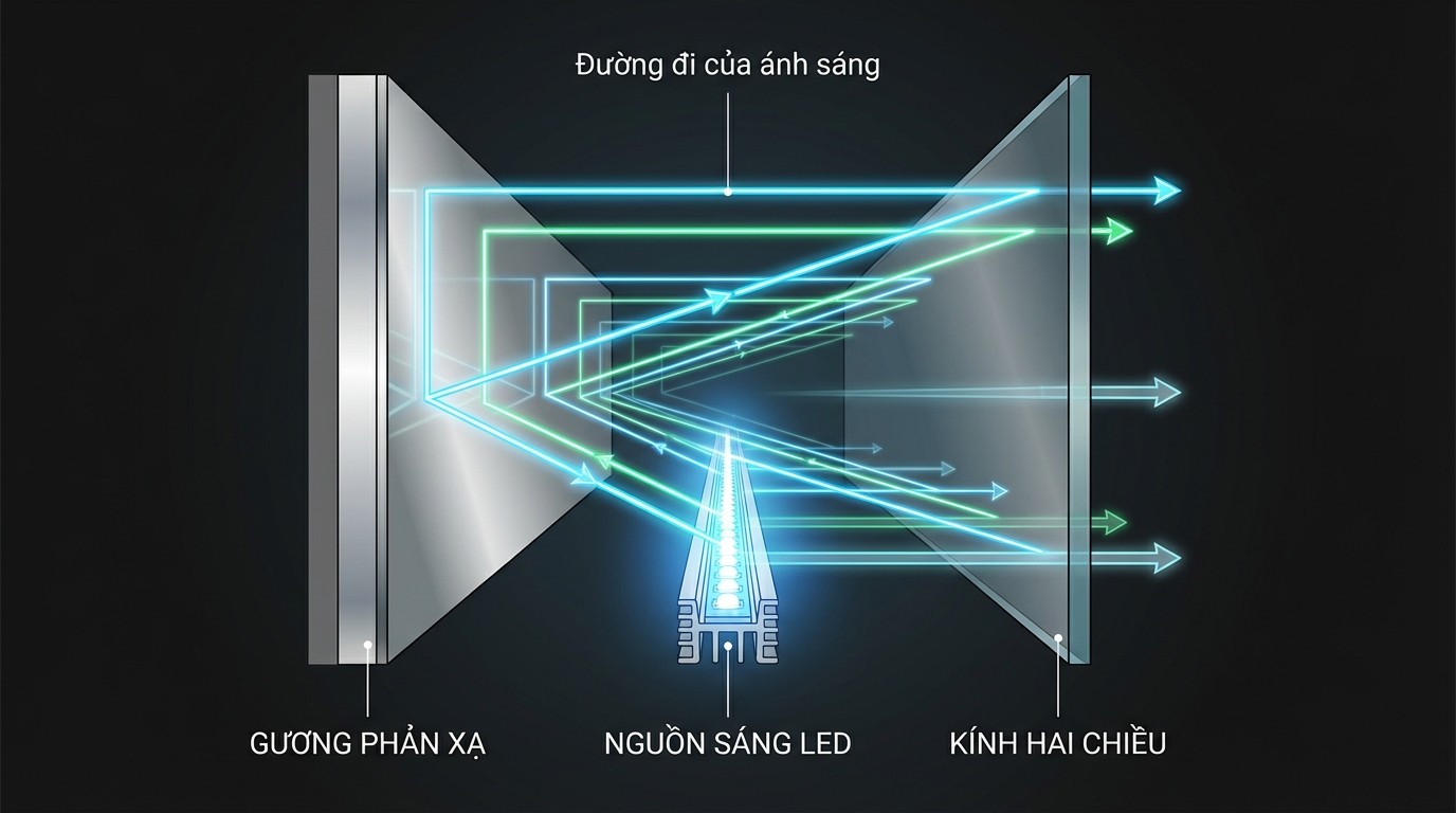 Gương Vô Cực Là Gì? Nguyên Lý, Tiêu Chuẩn Chất Lượng Và Ứng Dụng Không Gian 1 Sơ đồ đường đi ánh sáng giữa kính hai chiều và gương phản xạ trong gương vô cực