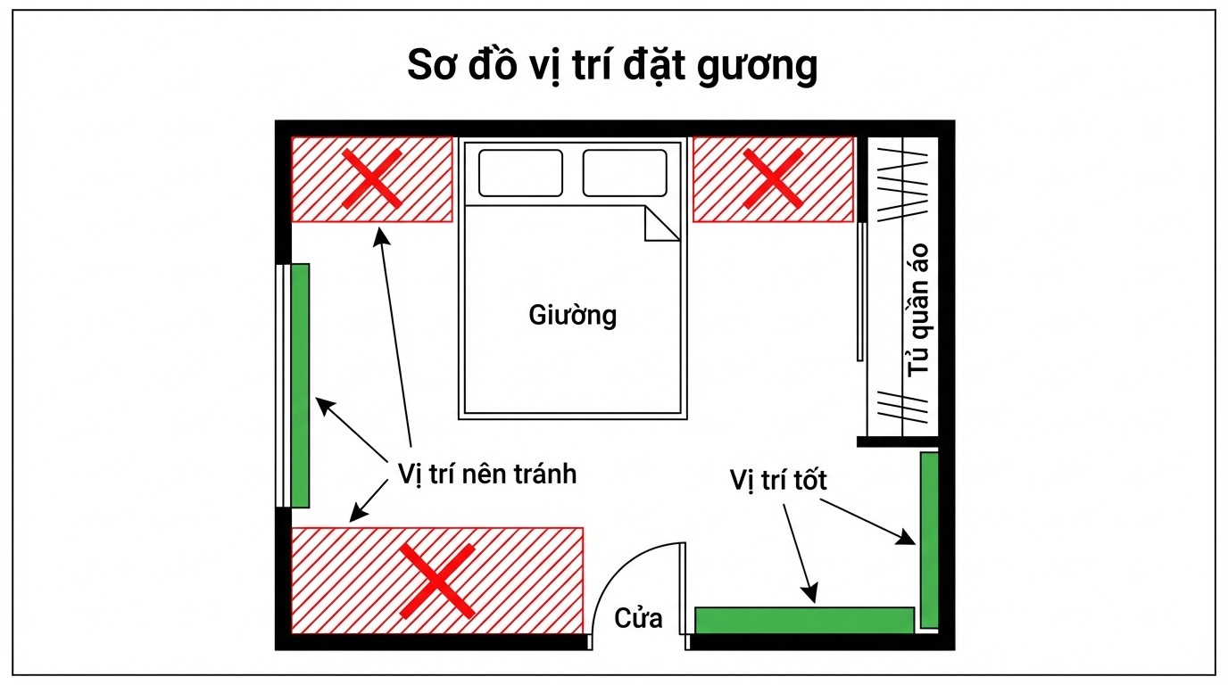 Sơ đồ gợi ý vị trí đặt gương trong phòng ngủ tránh phản chiếu giường và cửa