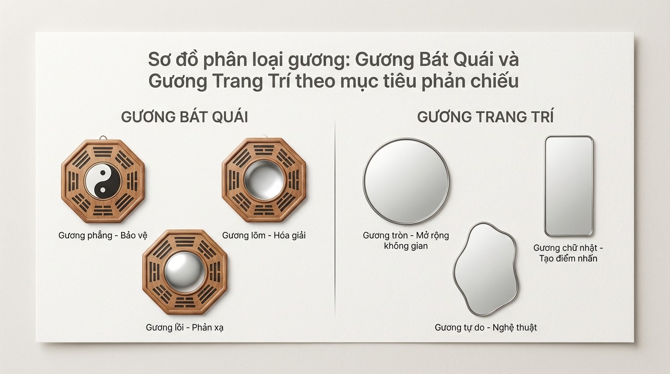 Hướng Dẫn Bố Trí Gương Phong Thủy: Nguyên Tắc Năng Lượng Và Giải Pháp Không Gian 1 Sơ đồ phân loại gương phong thủy gương bát quái và gương trang trí theo mục tiêu phản chiếu