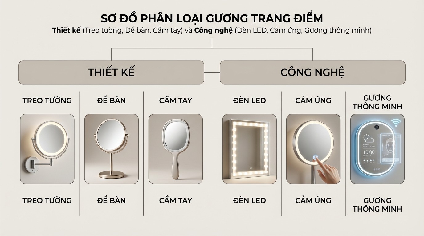 Sơ đồ phân loại gương trang điểm theo thiết kế treo tường, để bàn, cầm tay và theo công nghệ LED, cảm ứng, gương thông minh