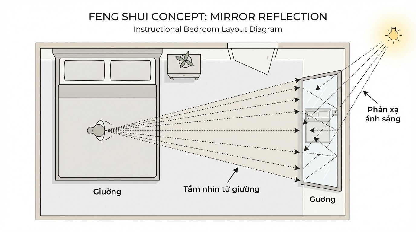 Hướng Dẫn Chi Tiết Cách Để Gương Trong Phòng Ngủ 1 Sơ đồ phản xạ ánh sáng từ gương trong phòng ngủ và vùng nhìn từ giường