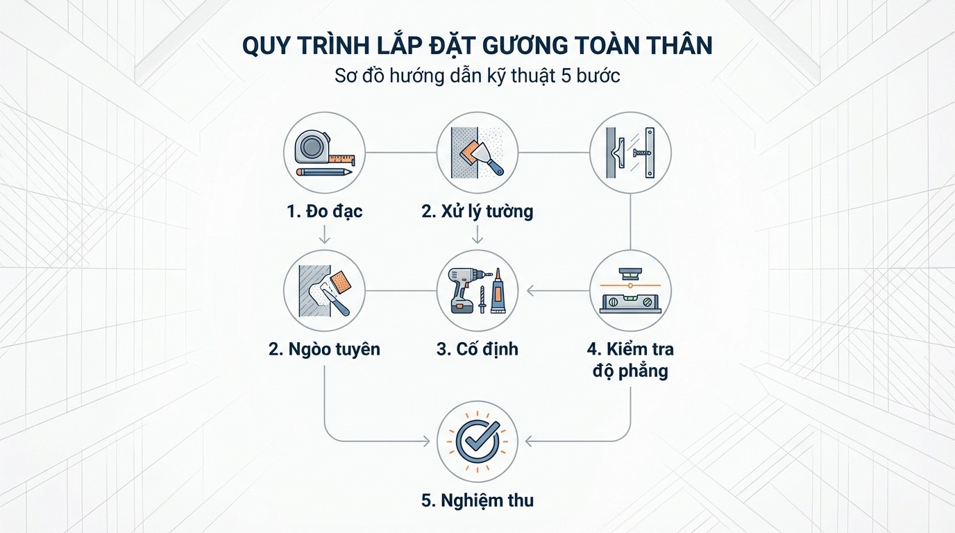 Sơ đồ quy trình thi công gương soi toàn thân gồm đo đạc, xử lý tường, cố định, kiểm tra độ phẳng và nghiệm thu
