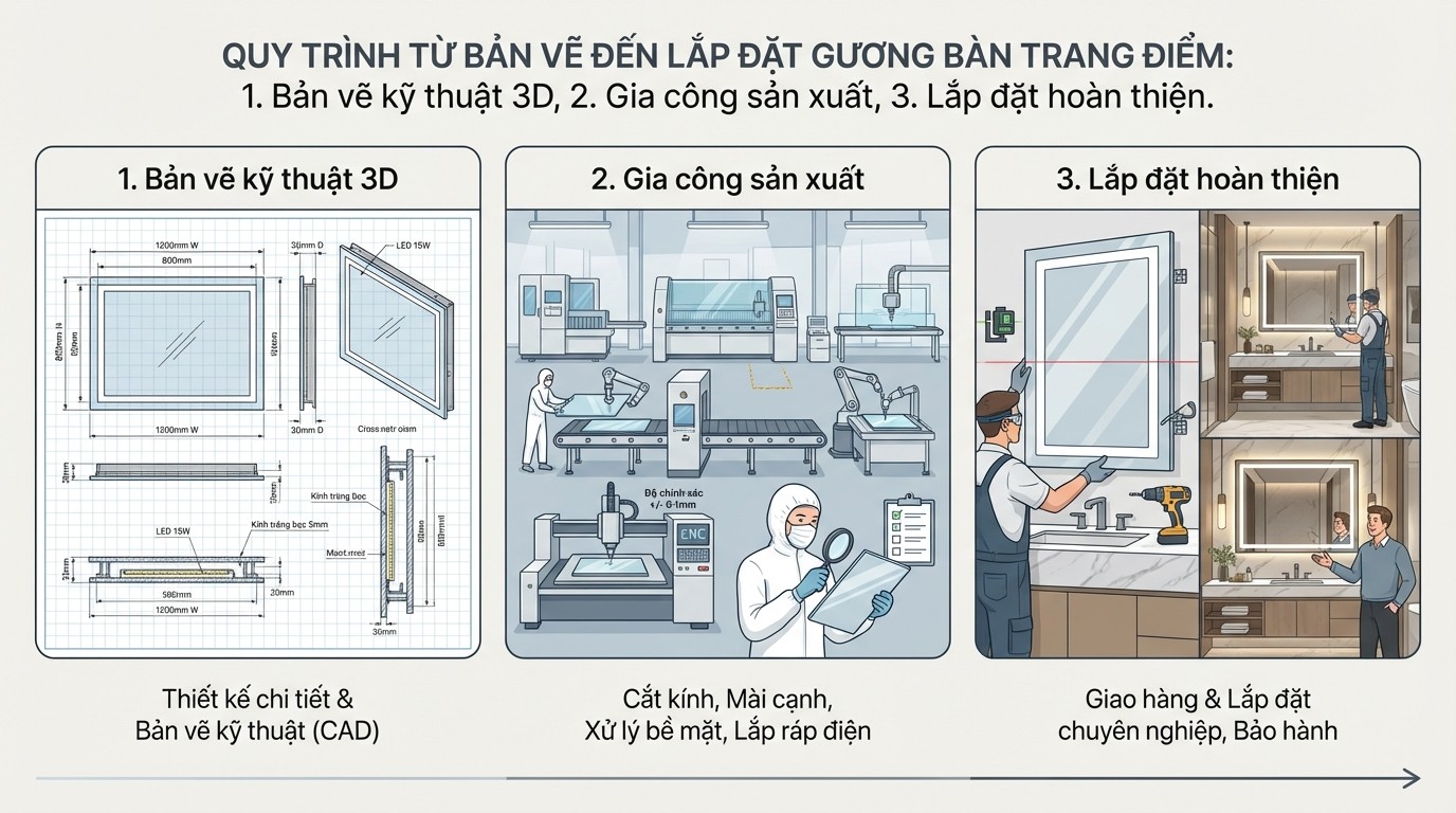 Sơ đồ quy trình từ bản vẽ kỹ thuật 3D đến gia công và lắp đặt gương bàn trang điểm