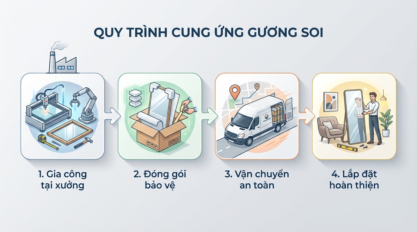 Sơ đồ quy trình từ gia công tại xưởng đến vận chuyển và lắp đặt gương soi toàn thân có chân