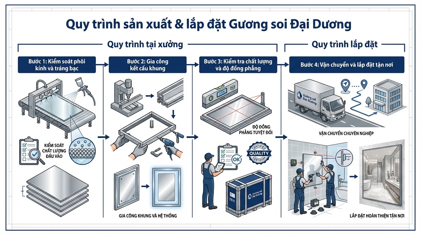 Gương Di Động Toàn Thân Tiêu Chuẩn Phổ Biến 4 Sơ đồ quy trình xưởng sản xuất gương soi Đại Dương và các bước thi công lắp đặt gương tận nơi