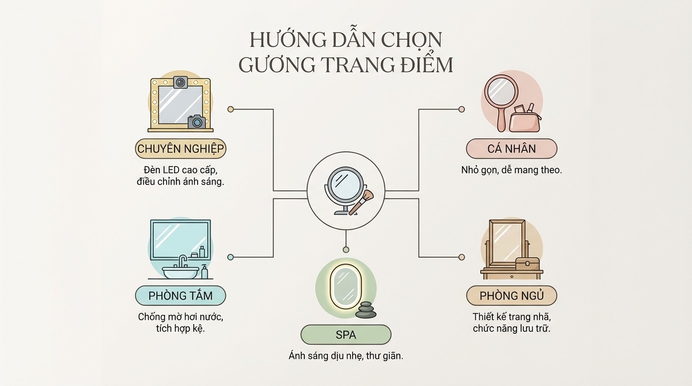 Sơ đồ quyết định chọn gương trang điểm theo nhu cầu chuyên nghiệp, cá nhân, phòng tắm ẩm, decor phòng ngủ và spa