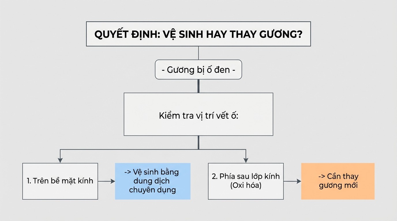 Sơ đồ quyết định khi nào nên thay gương bị ố đen mép và khi nào có thể vệ sinh tiếp