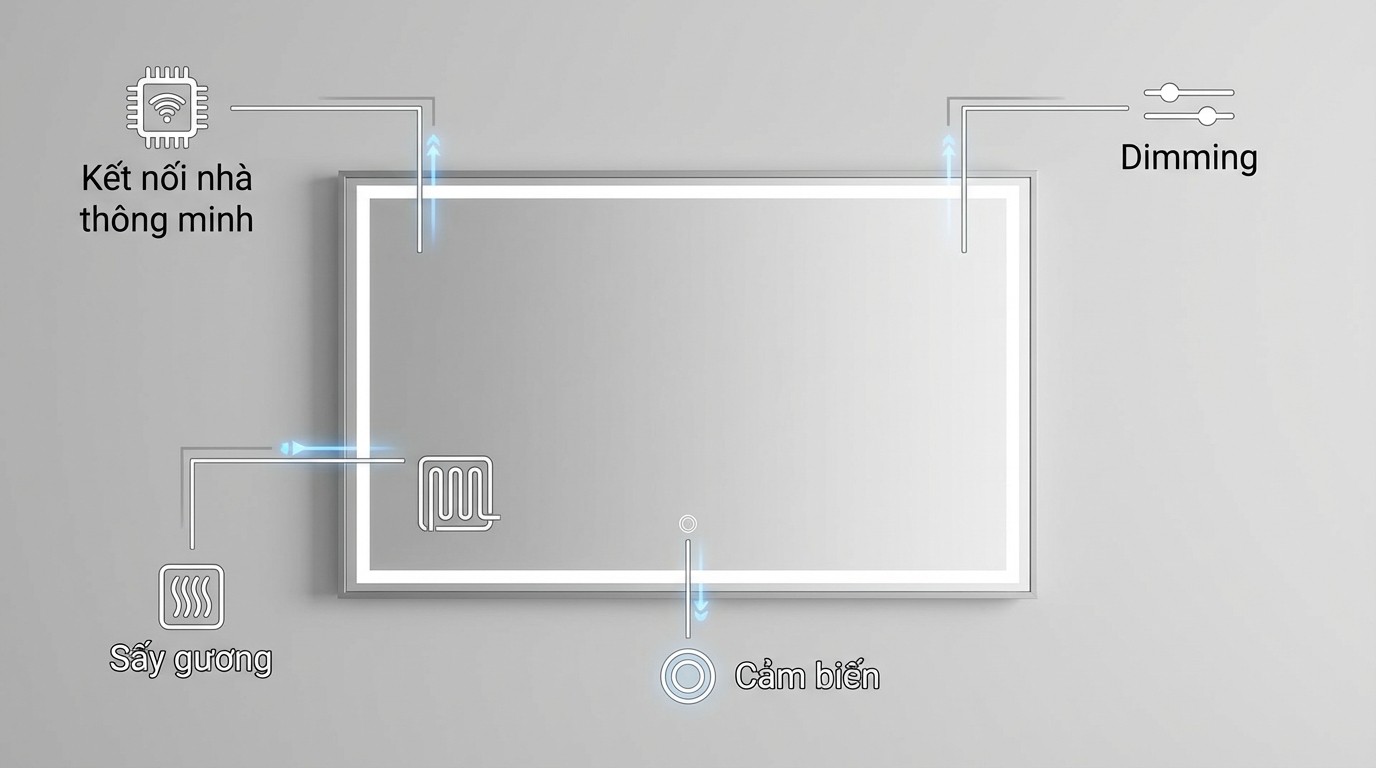 Giải Pháp Thi Công Đèn Led Trang Trí Gương 2 Sơ đồ tính năng cảm biến, dimming, sấy gương và kết nối nhà thông minh trên gương đèn led